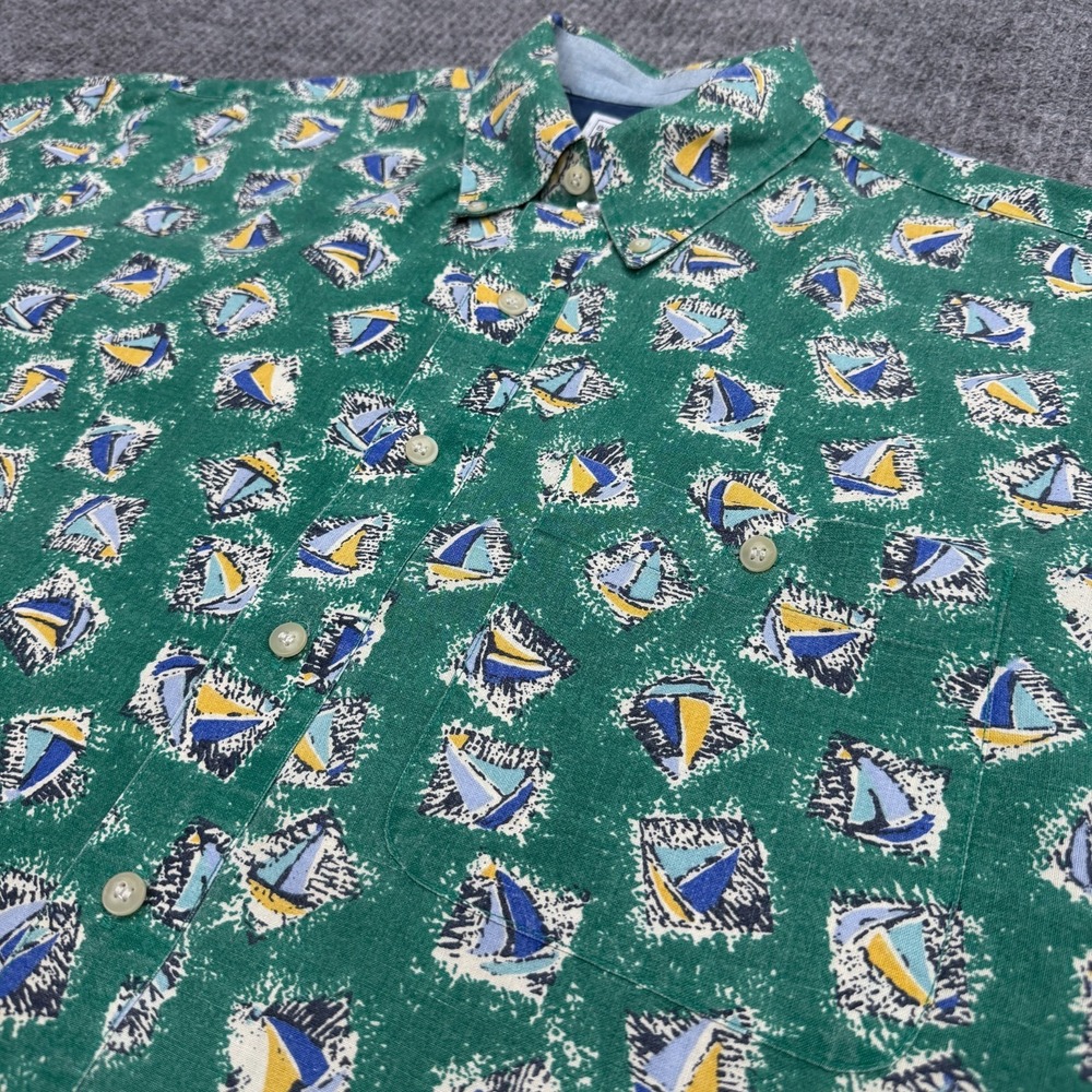 Vintage Bugle Boy Button Down Shirt Mens M Green Sailboat AOP Geometric Ramie